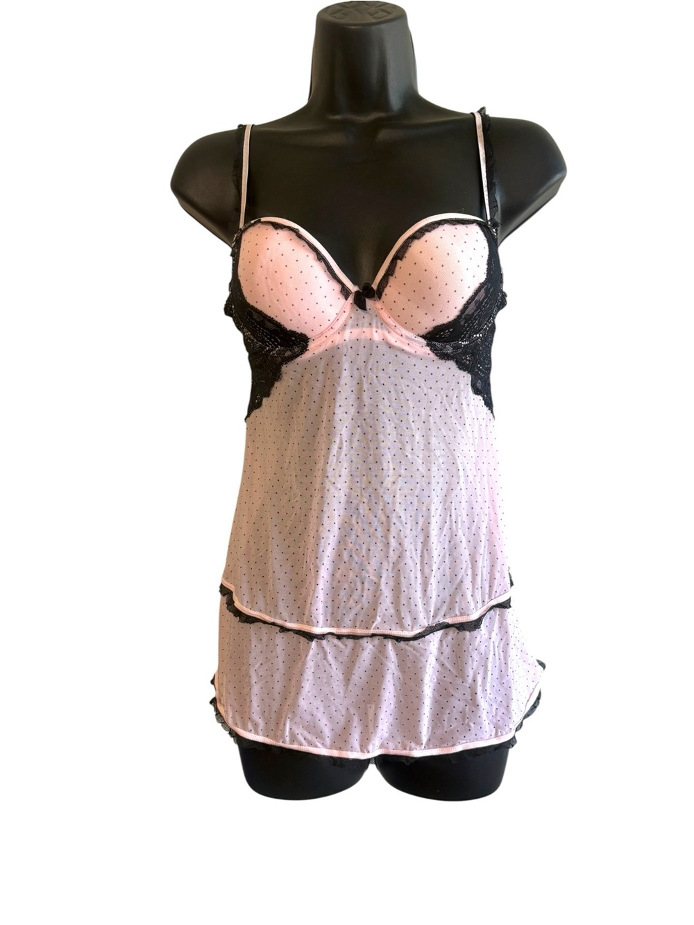 Sophie B Size Medium Light Pink Black Polka Dot Cami Slip Top Mesh Lace Y2K